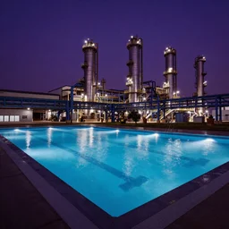 breathtaking photo, moody, dreamlike, huge swimming pool, industrial, factory, chemical plant, warehouse, night, purple lighting -W 768