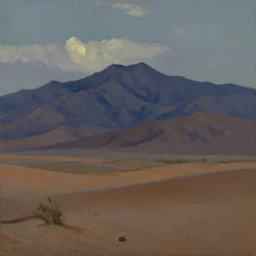 matte painting oil impresionist mountainrange desert few clouds moonlight