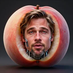 brad pitts face inside a giant peach fruit, ef 8 5 mm f 1. 8 usm, bionic scifi alexandre ferra, hyper detailed, digital art, trending in artstation, cinematic lighting, studio quality, smooth render, unreal engine 5 rendered, octane rendered