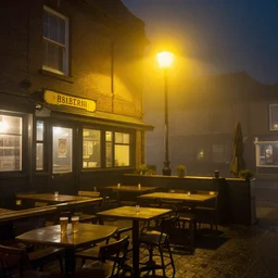 A pub beer garden on a foggy night, yellow street lights