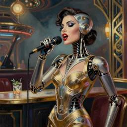 art deco painting of a sultry female android singing jazz in a sci-fi club, style of Peter Elson