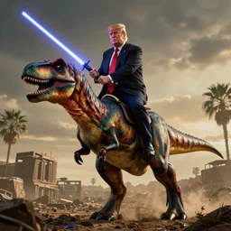trump riding a velociraptor while holding a lightsaber