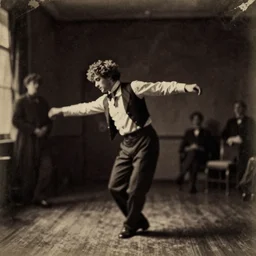 an edwardian photograph, smudged, grainy and blurry photograph showing the whole body of a man dynamically and frenetically dancing in a dark room