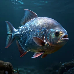 cybernetic piranha with a chrome exoskeleton, dark underwater scene, unreal engine, raytracing, 4 k