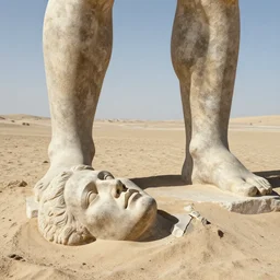 Two vast and trunkless legs of stone stand in the desert. Near them, on the sand, half sunk, a shattered visage lies, whose frown, and wrinkled lip, and sneer of cold command, tell that its sculptor well those passions read which yet survive, stamped on these lifeless things, the hand that mocked them and the heart that fed, fantasy, zdzislaw beksinski, ArtStation, CGSociety, Unreal Engine