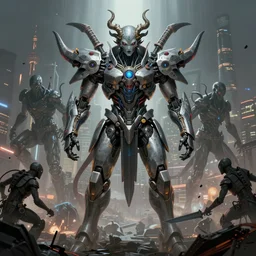 a super detailed illustration portrait of asura from chinese myth, ghost, mecha, cyberpunk, hi - tech luciferian synthetic, alien attack on shanghai, 4 k, symmetrical, centered, art by tim hildebrandt and frank frazetta and gerald brom and greg rutkowski