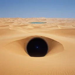 intergalactic stargate portal in the middle of a vast desert, with dunes stretching out as far as the eye can see, and a single oasis in the distance by david hockney and ed emshwiller, style of narrative realism
