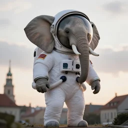 giant elephant wearing white american spacesuit with oversized giant helmet as astronaut animal, in legnica, sunrise, overcast bokeh, cctv - c 8