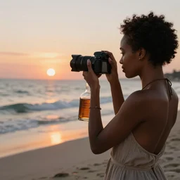 a lightskin black woman photographer, taking photos at the beach, during sunset, with a bottle of liquor in her left hand, as a painting