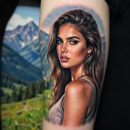tattoo realism design of a beautiful girl next to a mountain scenery, hyper realistic