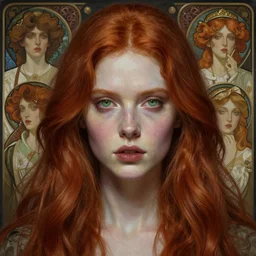 portrait painting of a stylish pale woman with green eyes and long red hair, ultra realistic, concept art, intricate details, eerie, highly detailed, photorealistic, octane render, 8 k, unreal engine. art by artgerm and greg rutkowski and charlie bowater and magali villeneuve and alphonse mucha