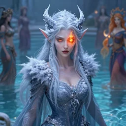 beautiful ancient frost witch, fire in eye, snow glow, pool party, highly detailed, digital painting, artstation, sharp focus, illustration, art by tan zi and ayanamikodon and alphonse mucha and wlop!!!
