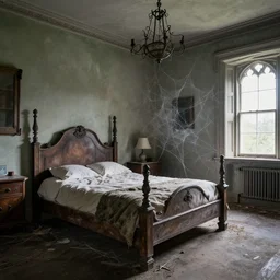 interior of an abandoned neo - gothic manor's bed room with lot of cobwebs, dusty ground with dirt, light trough windows, collapsed ceiling, hyperdetailed, artstation, cgsociety, 8 k