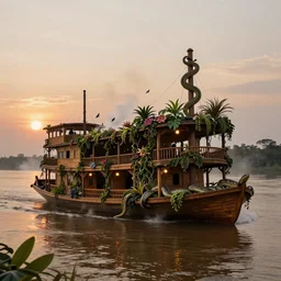 A wooden, beautiful 1780's steamboat overgrown with intricate vines, flowers, snakes, anacondas and exotic vegetation floating down on the Amazon river. Faint lights from inside the ship. Steam. Birds circulating. The boat looks like an island. Ecosystem. Sunset. Volumetric lights. Mist.