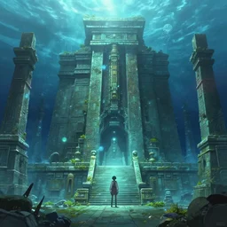 anime underwater temple, semi realistic, straight lines, magical, ancient aztec temple, sci fi elements, overgrown, caustic lights, 8k hdr pixiv dslr photo by Makoto Shinkai ilya kuvshinov and Wojtek Fus, digital art, concept art,
