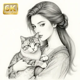 watercolor portrait of a lady holding a cat by guweiz and loish, elegant, hyperdetailed artistic lines, intricate, 4 k