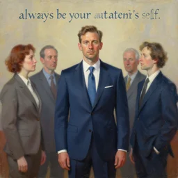 always be your most authentic self, leadership, empower others, learning is lifelong, oil painting by michael whelan art, sharp suit