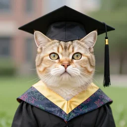 portrait cat, graduation day, wearing a mortarboard hat