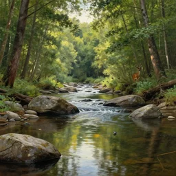 a river passing through a forest, rocks, reflections, deer, birds, summer afternoon, nuclear explosion, highly detailed, classic painting