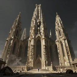 matte painting of mos eisley with towering skeletal temple architecture designed by hr giger, uninhabited, global illumination, volumetric lighting, tom bagshaw, alphonse mucha, craig mullins, light leaks 4 k premiere pro, weta digital, high contrast