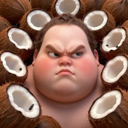 morbidly obese person surrounded by angry coconuts, portrait, extremely closeup, global lighting, digital art, artstation