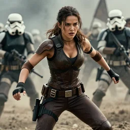photograph of a sexy female comando storming the battle ground in an action movie, filmic, cinematographic