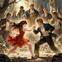 sargent and leyendecker and greg hildebrandt, dynamic fighting scene, with a cute russian brunette young girl with long hairs, anime, stephen bliss, unreal engine, fantasy art by greg rutkowski, loish, rhads, ferdinand knab, makoto shinkai, ilya kuvshinov, rossdraws, global illumination, radiant light, detailed and intricate environment