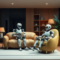a living room with two robots sitting on a potato sofa and an avocado armchair