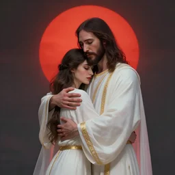 jesus hugging a woman from behind, white robe, spirit hugs, gold trim, atmoshperic, elegant, sharp focus, red sun, huge lips, poses by satine zillah, environment by hw 6 5 2 3, art by ilya ozornin, artstation, intricate details, concept art