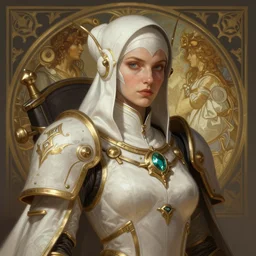 Moira Stewart as Warhammer 40k Battle Sister, portrait, fantasy, intricate, elegant, highly detailed, digital painting, artstation, concept art, smooth, sharp focus, illustration, art by artgerm and greg rutkowski and alphonse mucha