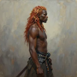 a full body profile oil painting of an African samurai with reddish golden hair, with face and body clearly visible, forgotten realms, high quality, sombre mood, muted colours, no crop, entire character.