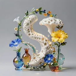 a beautiful intricate 3 d abstract glass sculpture made of white pore fungi, morning glory flowers, boho floral vines, murano round colored glass vases, yellow hibiscus flowers, top lit, octane render, soft lighting, ultra detailed, 8 k, trending in artstation, gallery piece