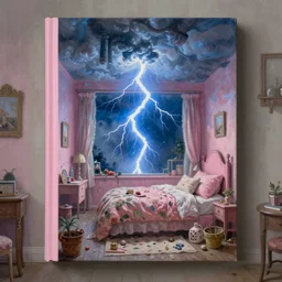 fantasy oil painting, wide shot of a blue massive lightning strike, inside of a pink bedroom, as a book cover illustration, desaturated, thunderstorm, clutter, cottagecore, intricately detailed, comfy, readability, concept art, sharp focus, art by brothers hildebrandt