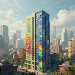 a colorful with a single building in the foreground based on the architecture of ricardo bofill within an urban megacity, sci - fi, cinematic lighting, light blue sky with clouds, dramatic matte painting, style by vincent van gogh, 8 k, octane render, photorealistic, hyperrealism
