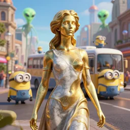 award winning photo of a half gold half marble statue of a beautiful skull woman, rendered in vray with realflow fluid simulations and pixar minions in the background driving a bus in England, abducted by aliens in France of the future