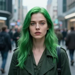 realistic detailed photorealistic film portrait shot of a beautiful green haired woman in a crowded futuristic moscow street by Denis Villeneuve, Amano, Yves Tanguy, Alphonse Mucha, Ernst Haeckel, Andrei Tarkovsky, Edward Robert Hughes, Roger Dean, rich moody colours, wide angle, blue eyes