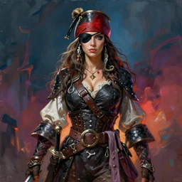 female elven pirate with eyepatch, sword, stands tall, DnD character art portrait, matte fantasy painting, DeviantArt Artstation, Character design, intricate artwork by Tooth Wu and greg rutkowski, cinematic, hyper realism, high detail, Vibrant colors, Smooth gradients, High contrast, depth of field