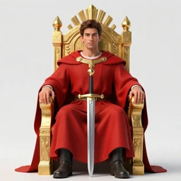 modern self portrait of man sitting on throne, legs crossed, while holding a sword, white man, hispanic, brown hair, light skin, golden throne, red robes, 8 k, hi - rez, circles, lamented, clear, brown eyes, colored, sharp, realistic, 3 d