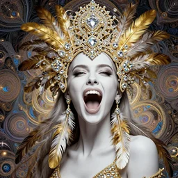 absurdly beautiful, fashionable young woman with clear white skin screaming loudly, no makeup, wearing an intricate headdress made from fractals of diamonds gold and feathers, wearing large earrings made from feathers, background in the fourth dimension, psychedellic fractals, ayahausca, tryptamine, hyperdetailed illustration by irakli nadar and alexandre ferra, intricate linework, unreal engine 5 highly rendered, global illumination, radiant light, detailed and intricate environment