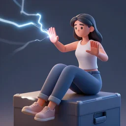 a woman sits on top a box, sparking with, electricity, trying to stop it escaping, satire, art, cartoon, mad magazine, new yorker