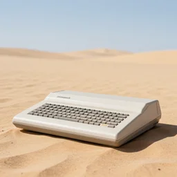 a 1 9 8 5 electronics ad depicting a commodore 6 4 sitting on a desert trail. i'm the background is a fantasy castle. chrome font. art in the style of andy zito