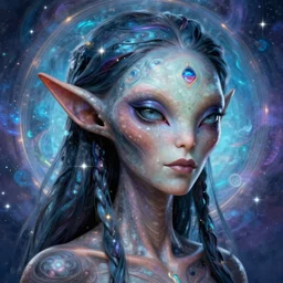 a  beatiful alien woman from the five dimension of love and spiritual power, she is mystic and powerful, ultrarealistic, detailed painting, mate painting, octane render, 8K 3D