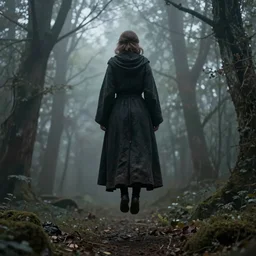 a high detailed photo of a lady in a dark cloak suspended in mid air, seen from behind, ancient forest, mist, 35mm, photorealistic, realistic, deviantart, gloomy atmosphere, high definition
