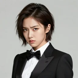 portrait of a beautiful korean girl wearing a men's tuxedo, with short messy hair, men's haircut, angular features, angry expression, digital art, elegant pose, detailed illustration