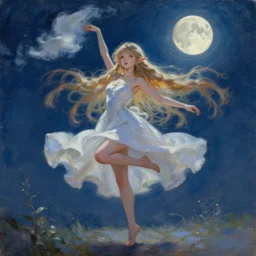 oil painting of a long hair anime woman ELF dancing in the moonlight l Trending on Pixiv