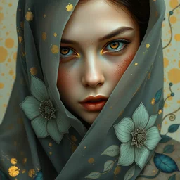 a wide portrait of a beautiful mysterious girl, porcellaine skin with golden tears, hiding face and torso behind beautiful intricate semitransparent cloth, dramatic lighting, splashy intricate thick paint texture on the face and body, intricare abstract flower arrangement, gold and blue palette