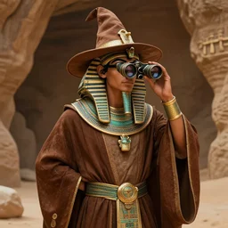 an anthropomorphic beautiful male egyptian wizard portraitwearing brown hoodie robe in a cave of a desert, binoculars glasses, wizard hat, fine art, award winning, brown colour scheme, intricate, elegant, sharp focus, unreal engine, metahuman, octane render, hyperrealistic, wizard hat cinematic lighting, highly detailed, digital painting, 8 k concept art, art by jamie hewlett and z. w. gu, masterpiece, trending on artstation, 8 k