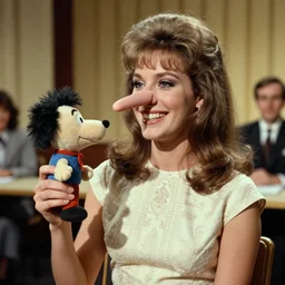 1983 happy woman on a talk show show with a long prosthetic snout nose, big nostrils, wearing a dress, 1983 French film color archival footage color film 16mm Fellini Almodovar John Waters Russ Meyer with hand puppet