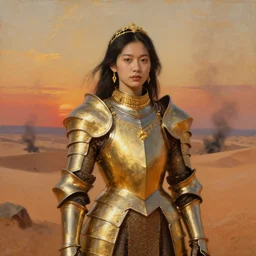 young asian dejah thoris on mars wearing detailed plate armor made of gold, portrait, after a smoky battle, gold jewelry, elegant small tiara, sand dunes to the horizon, fantasy, painterly, sunset, oil painting on canvas, by sargent