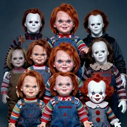 a colorful portrait photograph of divine, with creepy cursed dolls like chucky, jigsaw, hellraiser, leatherface, michael myers, pazuzu, chatterer, pennywise, pale man, in 1 9 9 0 s, studio light photography, high definition, 8 k, taken by alex webb